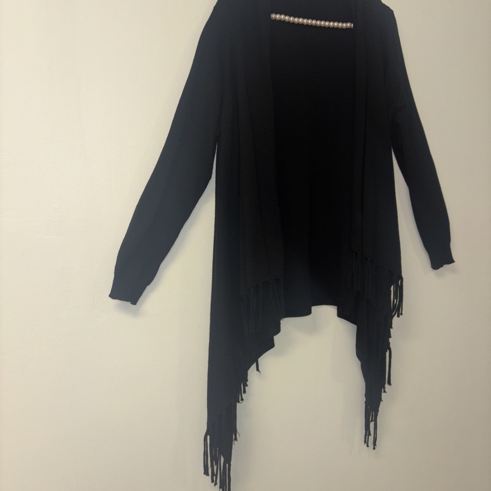 Diane Gilman Womens‎ XL Black Fringe Sharkbite Open Front Cardigan Sweater - Picture 4 of 7